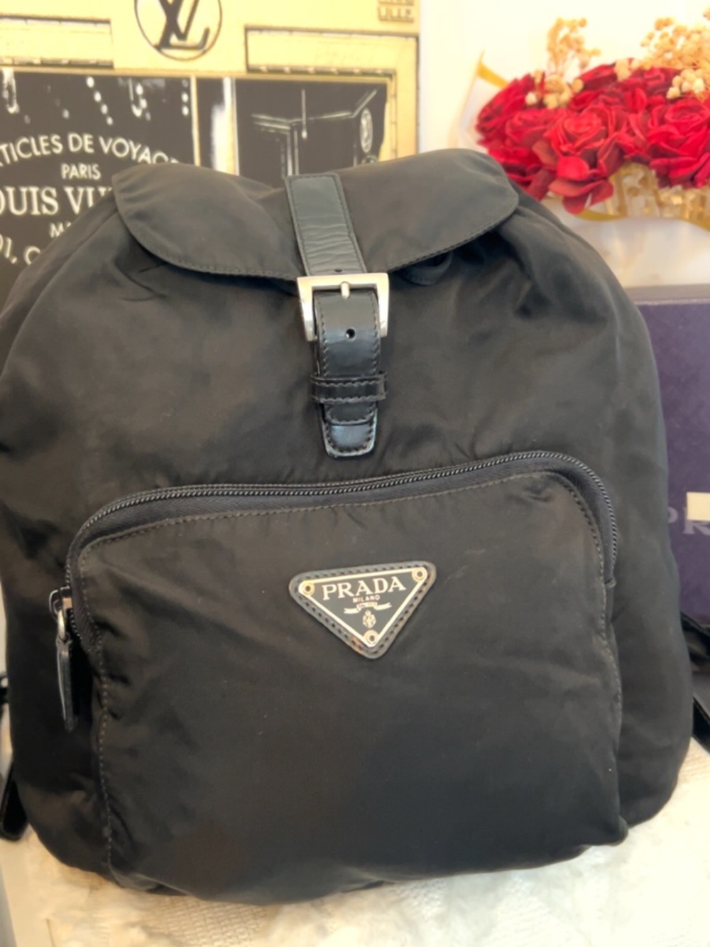 Prada Black Nylon Drawstring Backpack with Logo Pocket